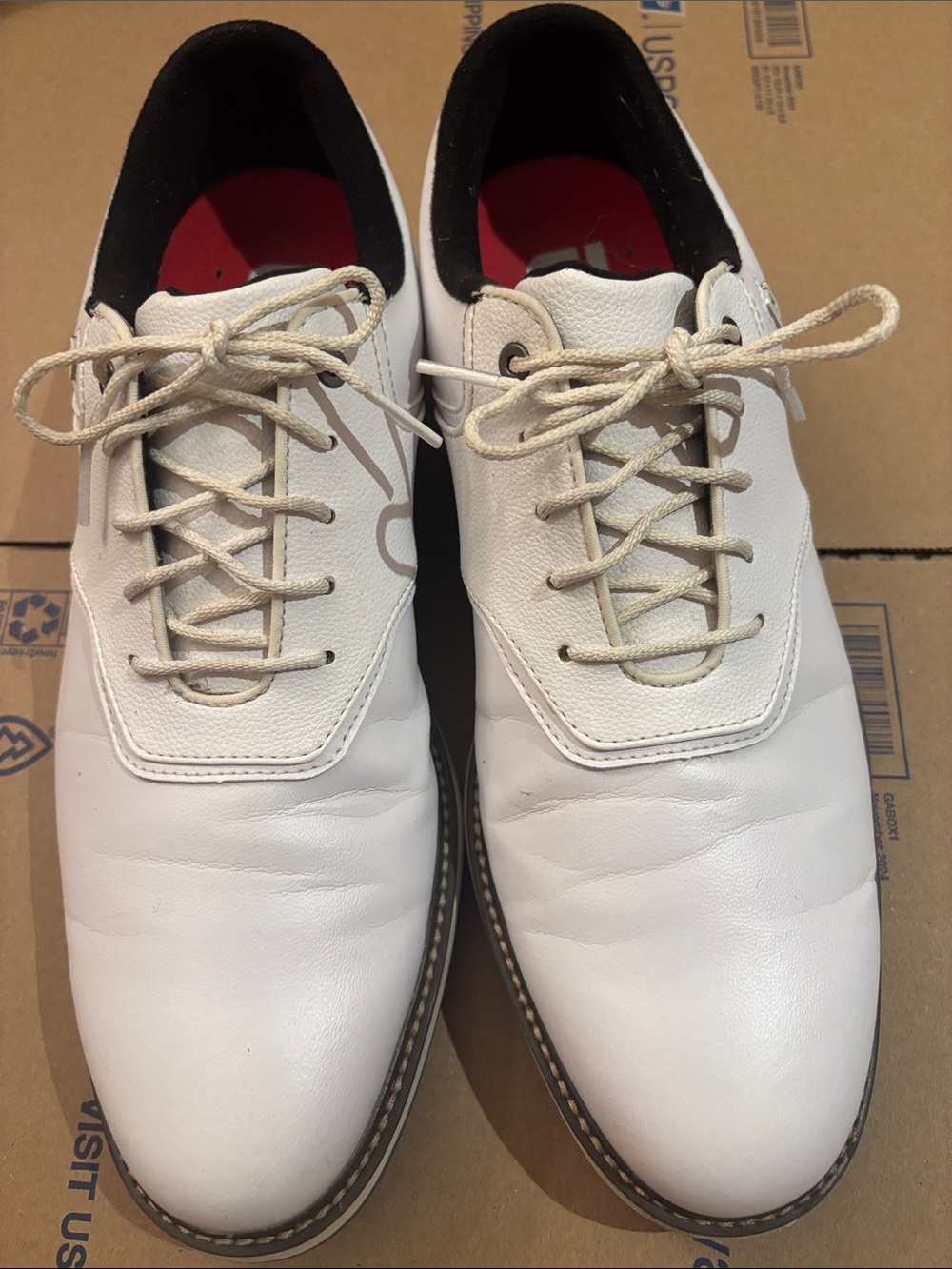 FootJoy White Leather Golf Oxfords with Black Collar and Red Insoles